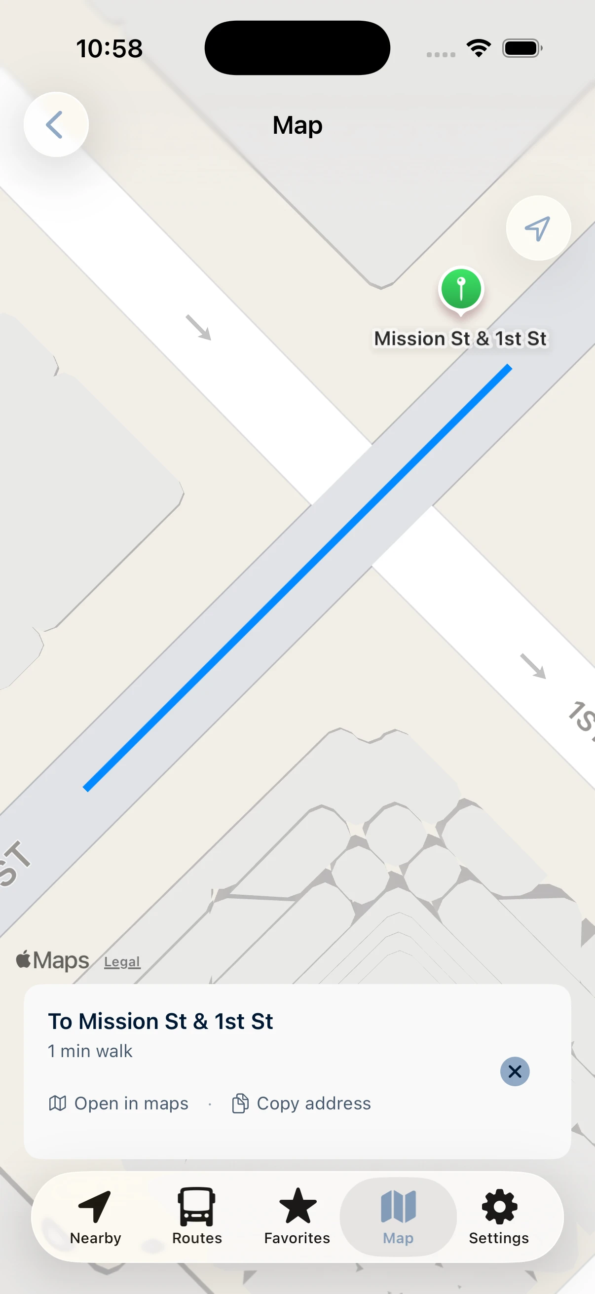 Map showing walking route to a nearby bus stop